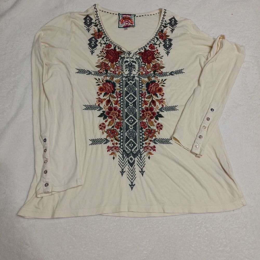 Johnny Was Cream Floral Embroidered Long Sleeve Top 100% Cotton